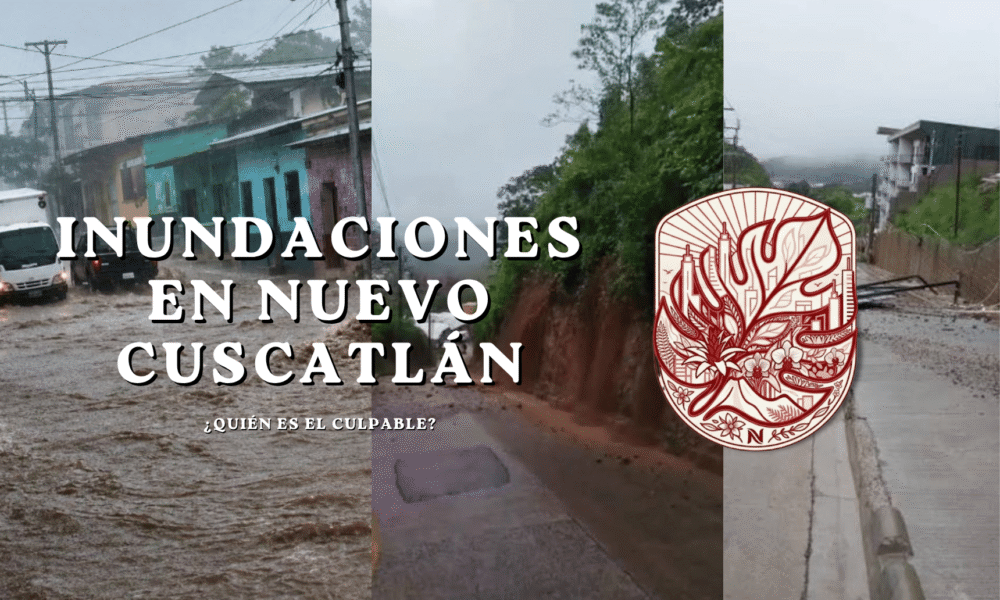 Inundaciones en Nuevo Cuscatlán: calles con corrientes de lodo, deslaves de tierra en carreteras y daños por lluvias con el título "¿Quién es el culpable?"