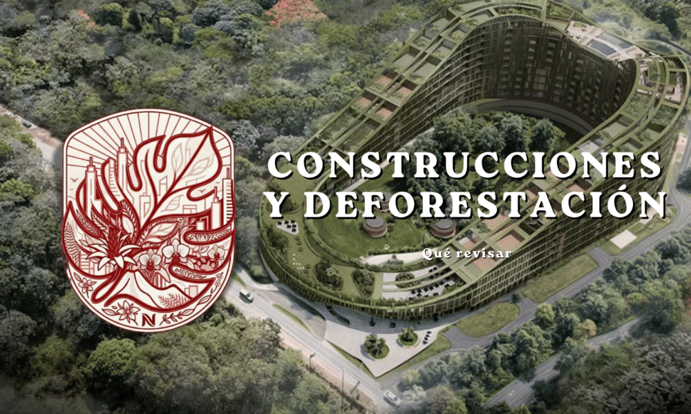 Guía visual sobre qué revisar respecto al impacto de nuevas construcciones y la deforestación, mostrando el render de un masivo complejo arquitectónico circular ubicado en medio de una densa zona boscosa.