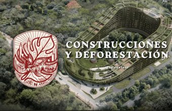 Guía visual sobre qué revisar respecto al impacto de nuevas construcciones y la deforestación, mostrando el render de un masivo complejo arquitectónico circular ubicado en medio de una densa zona boscosa.