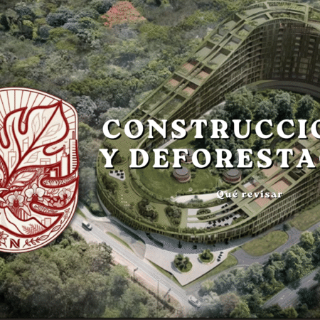 Guía visual sobre qué revisar respecto al impacto de nuevas construcciones y la deforestación, mostrando el render de un masivo complejo arquitectónico circular ubicado en medio de una densa zona boscosa.