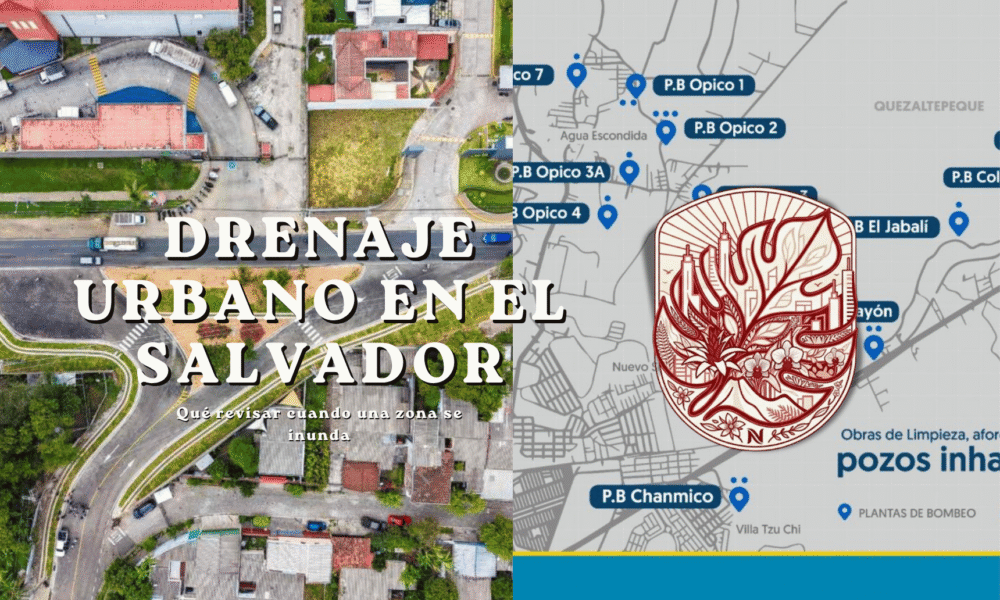 Gráfico sobre el estado del drenaje urbano en El Salvador y qué revisar cuando una zona se inunda, contrastando una vista aérea de infraestructura vial con un mapa de plantas de bombeo.
