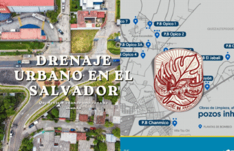 Gráfico sobre el estado del drenaje urbano en El Salvador y qué revisar cuando una zona se inunda, contrastando una vista aérea de infraestructura vial con un mapa de plantas de bombeo.
