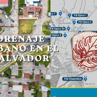 Gráfico sobre el estado del drenaje urbano en El Salvador y qué revisar cuando una zona se inunda, contrastando una vista aérea de infraestructura vial con un mapa de plantas de bombeo.