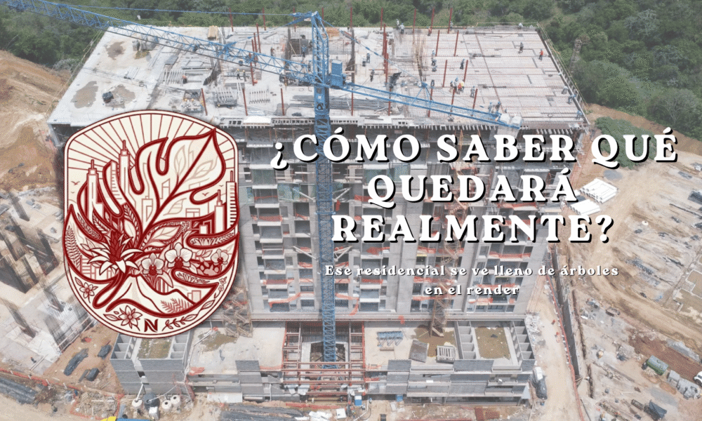 Gráfico sobre la diferencia entre los renders inmobiliarios y la realidad, cuestionando la pérdida de árboles al mostrar la construcción en obra gris de un gran edificio rodeado de terreno deforestado.