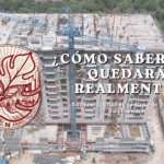 Gráfico sobre la diferencia entre los renders inmobiliarios y la realidad, cuestionando la pérdida de árboles al mostrar la construcción en obra gris de un gran edificio rodeado de terreno deforestado.