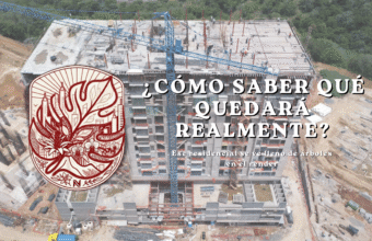 Gráfico sobre la diferencia entre los renders inmobiliarios y la realidad, cuestionando la pérdida de árboles al mostrar la construcción en obra gris de un gran edificio rodeado de terreno deforestado.