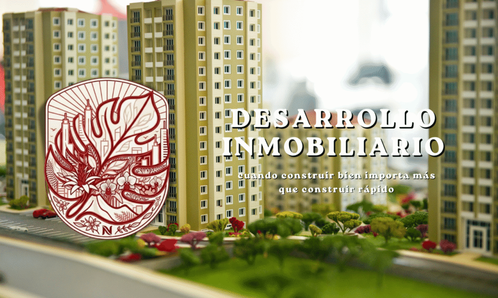 Gráfico de Ciudad Sostenible sobre el desarrollo inmobiliario responsable, mostrando la maqueta arquitectónica de un complejo de edificios para promover la importancia de construir bien antes que construir rápido.