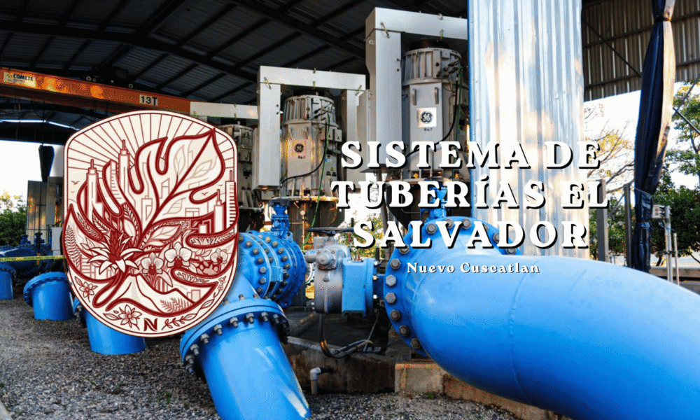 Gráfico de la campaña Ciudad Sostenible mostrando la infraestructura industrial del sistema de tuberías y abastecimiento de agua en Nuevo Cuscatlán, El Salvador, destacando grandes motores y conductos azules.