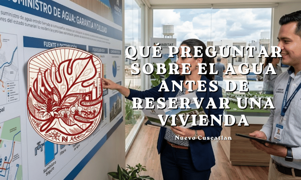 Una mujer y un asesor revisando un panel informativo sobre el suministro de agua, con un texto superpuesto que dice "Qué preguntar sobre el agua antes de reservar una vivienda" en Nuevo Cuscatlán.