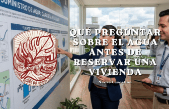 Una mujer y un asesor revisando un panel informativo sobre el suministro de agua, con un texto superpuesto que dice "Qué preguntar sobre el agua antes de reservar una vivienda" en Nuevo Cuscatlán.